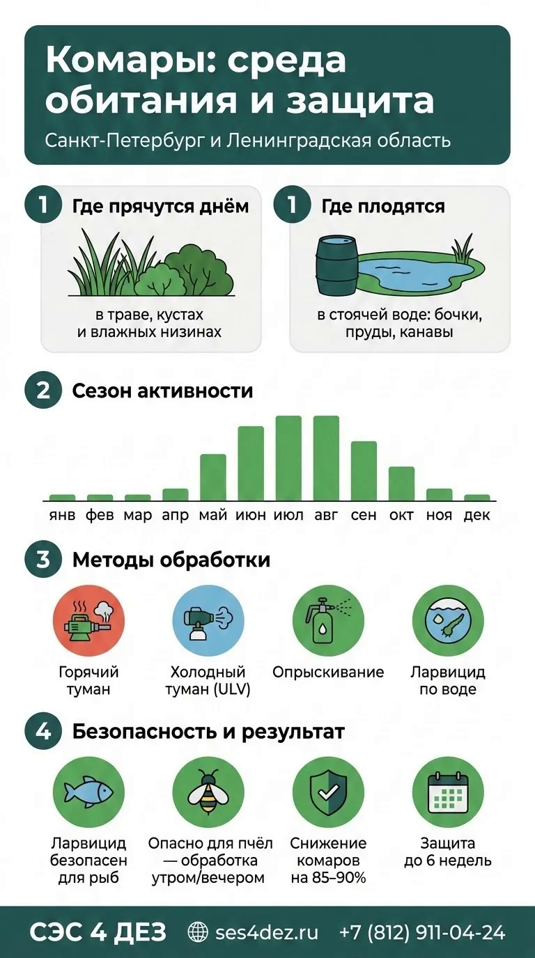 Инфографика: комары в Санкт-Петербурге и Ленинградской области — где прячутся и плодятся, сезон активности с пиком в июне–августе, методы обработки участка (горячий туман, ларвицид по воде) и безопасность. СЭС 4 ДЕЗ