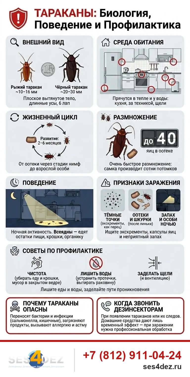 Инфографика: тараканы в квартире — биология, поведение и профилактика. Внешний вид (рыжий ~10–16 мм, чёрный ~20–30 мм), где прячутся, жизненный цикл через оотеку, признаки заражения, советы по профилактике
